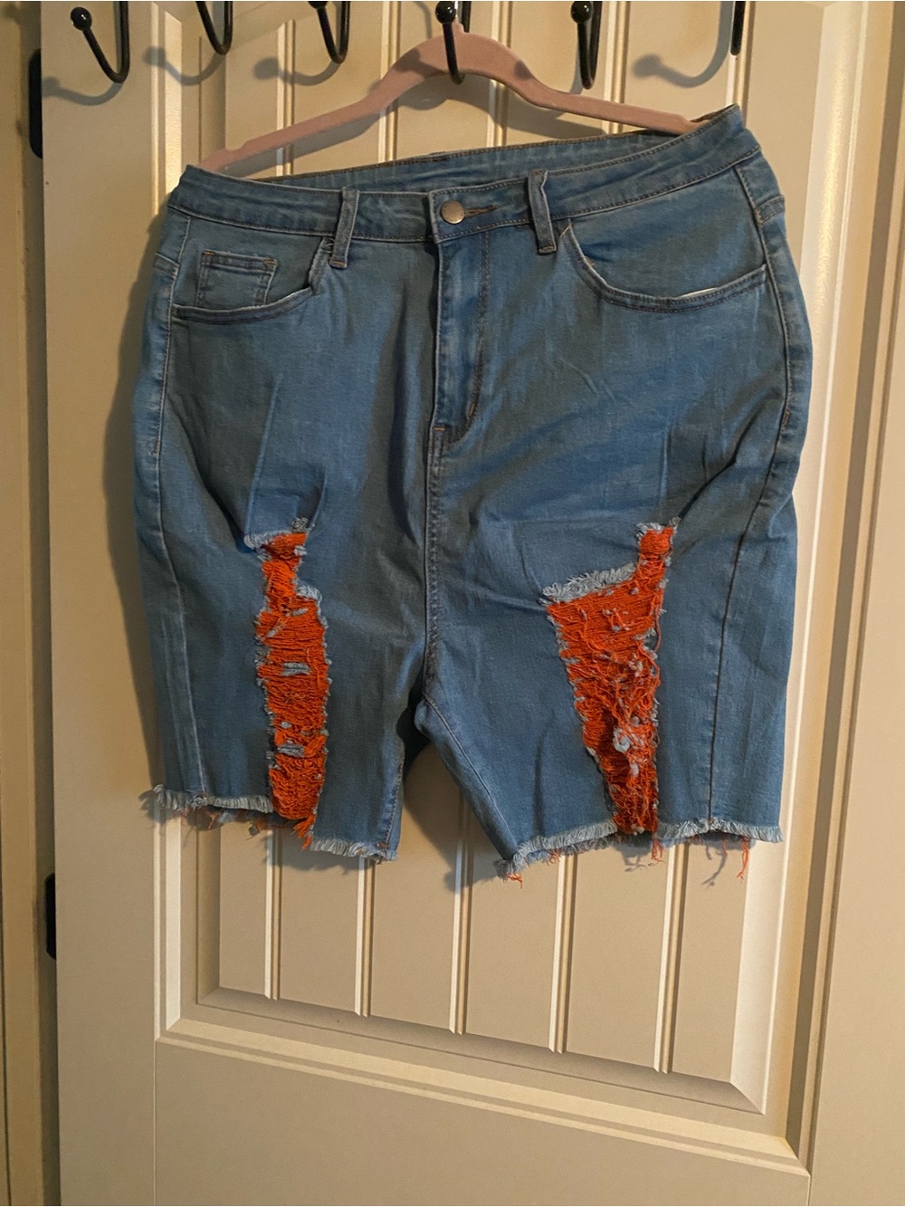 Distressed Light Blue Denim Ripped Shorts with Orange Patch Detail